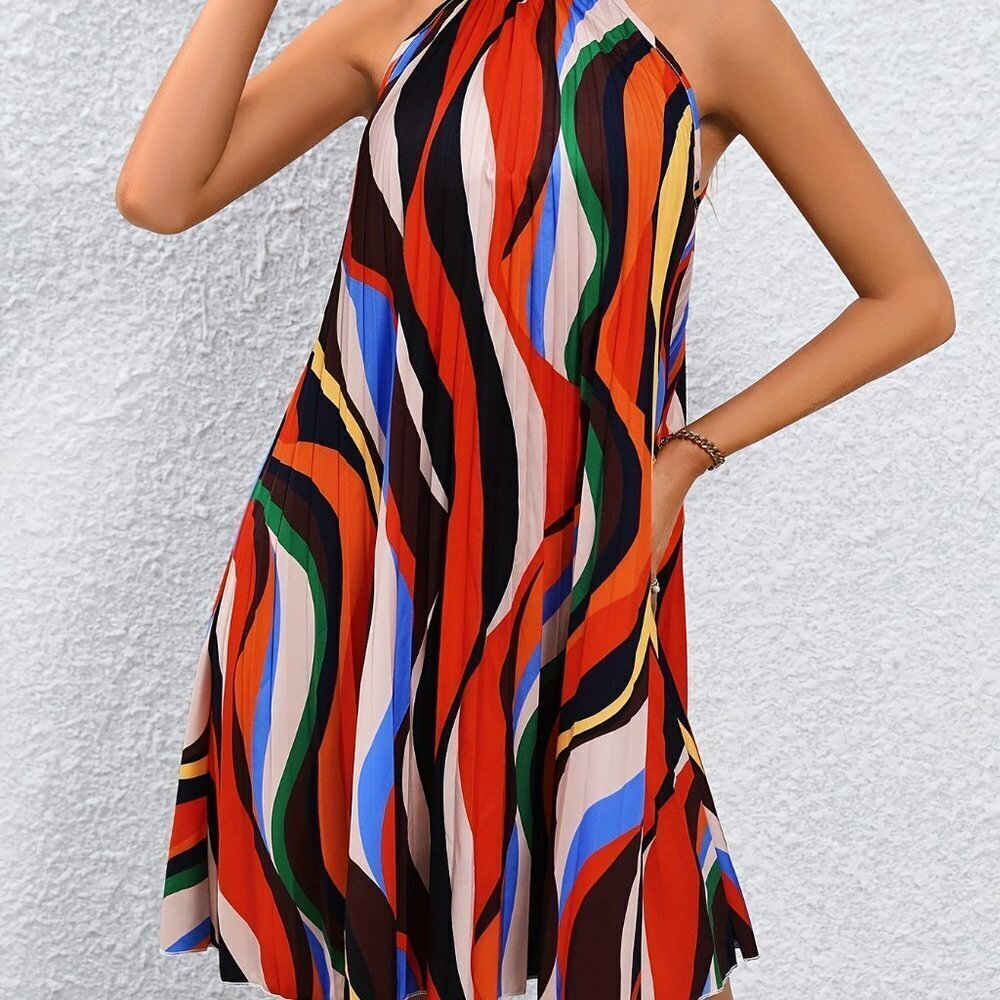 Travel Passions - Colorful Halter Neck Pleated Retro Abstract Flowy Summer Dress - Picture 7 of 8